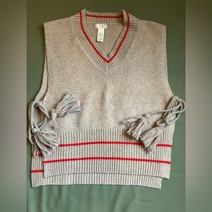 Free People All Star Stripe Poncho Vest Oatmeal Red Ribbed Tassel Tie OS